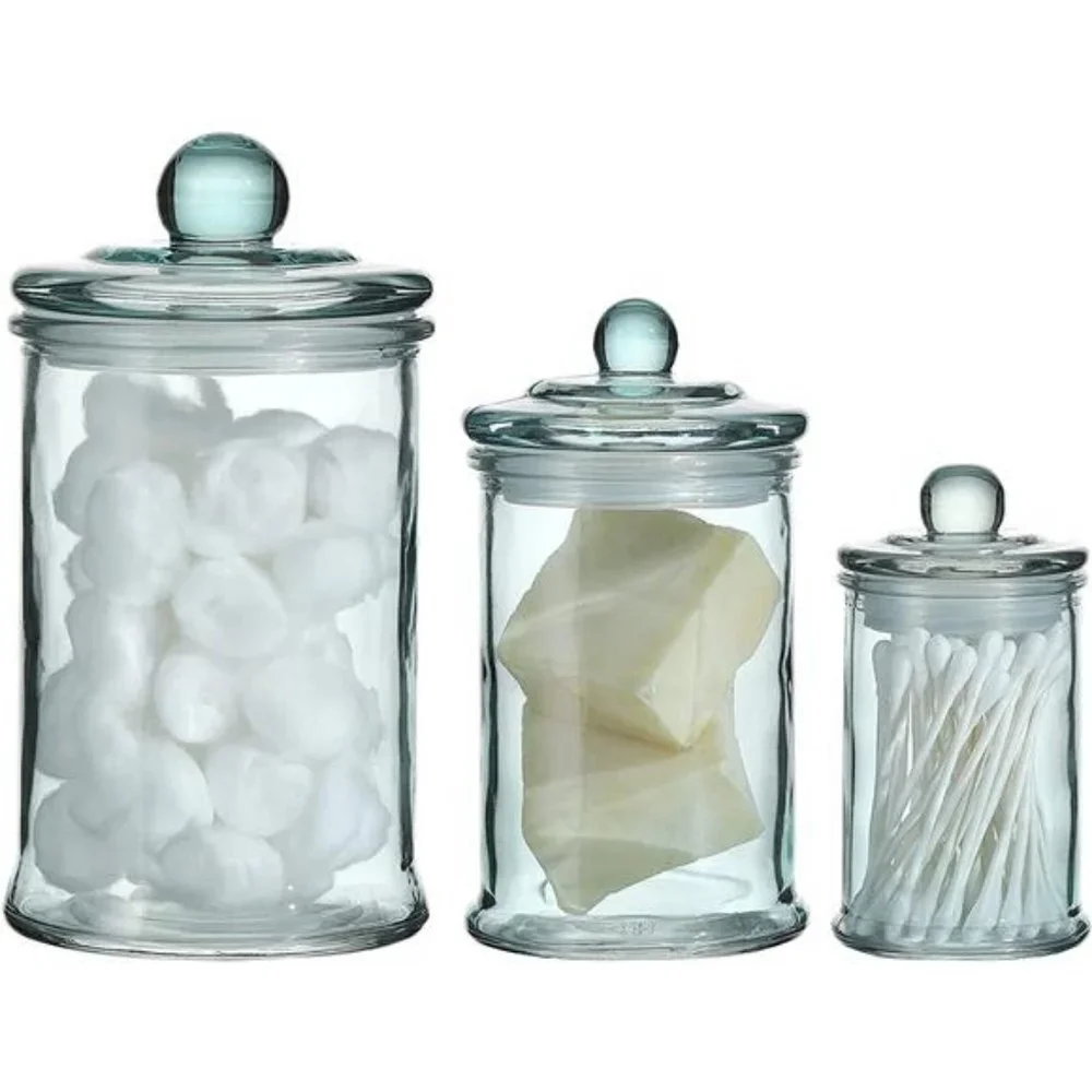 Glass Apothecary Jar | Bathroom Storage Organizer Canister (Set of 3, Blue)